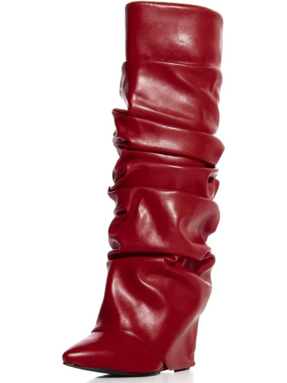 Women's Burgundy Heel Wide Calf Pointed Toe Slouched Fold Over Knee High Boots